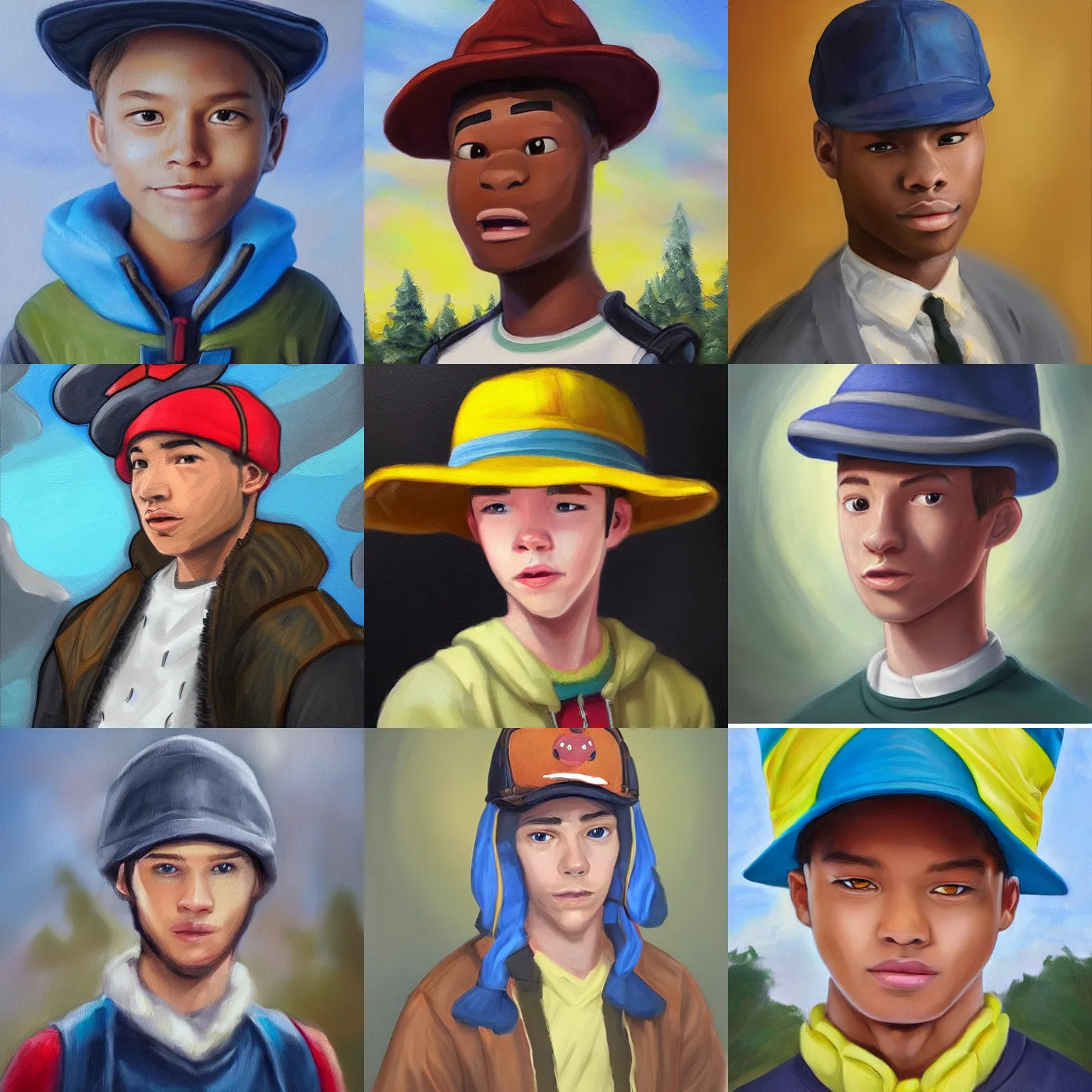 Prompt: finn from adventure time, wearing his hat, royal portrait painting, oil painting, highly detailed, realistic face