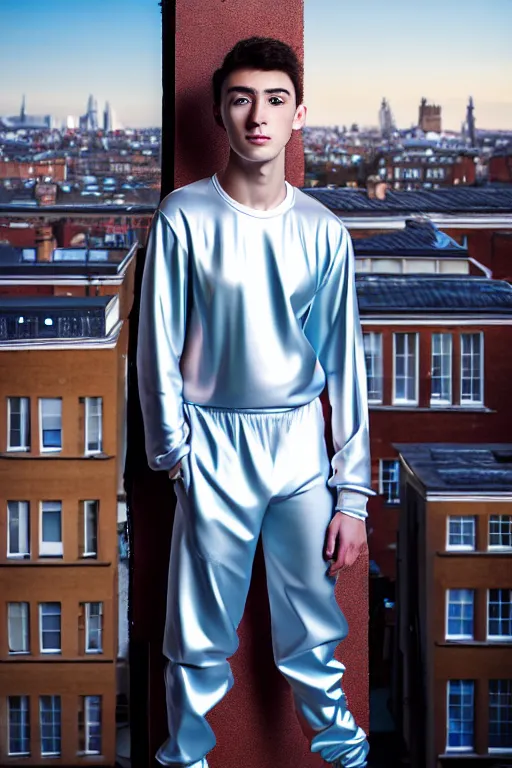 Image similar to un ultra high definition studio quality photographic art portrait of a young man standing on the rooftop of a british apartment building wearing soft baggy padded silver iridescent pearlescent clothing. three point light. extremely detailed. golden ratio, ray tracing, volumetric light, shallow depth of field. set dressed.