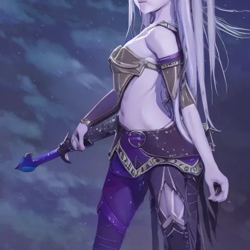 Image similar to an elf girl with grey skin with blues and long purple hair, wearing armor, ice background, highly detailed, digital painting, artstation, matte, by makoto shinkai, animation style, studio ghibli, anime key visual