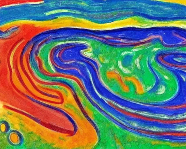 Prompt: Ocean waves in a psychedelic dream world. DMT. Curving rivers. Landscape painting by Edvard Munch. Peter Max.