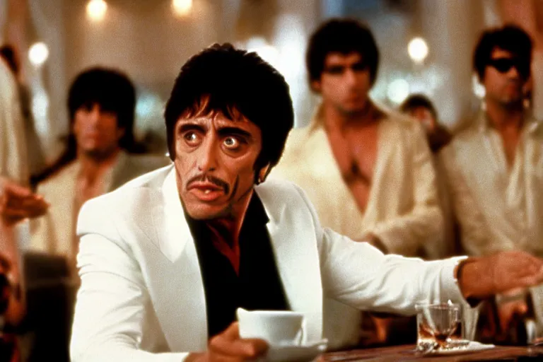 Image similar to tony montana from movie scarface 1 9 8 3 sitting behind a big black oak table with big large packages of flour. long shot. al pacino. perfect symmetric face, coherent eyes, fine details, 4 k, ron cobb, cinestill. last scene from scarface movie