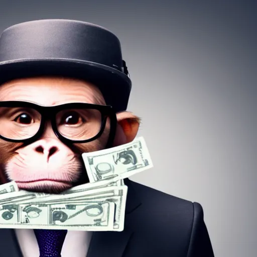 Prompt: Monkey wearing a suit and cool glasses, and holding some dollars in his hand, photo, 8k