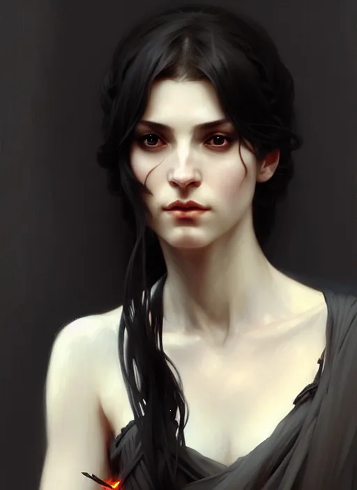 Prompt: character concept portrait of an attractive young Spanish female wizard with pale skin, dark vibe, intricate, elegant, digital painting, concept art, smooth, sharp focus, illustration, from Metal Gear, by Ruan Jia and Mandy Jurgens and William-Adolphe Bouguereau, Artgerm,