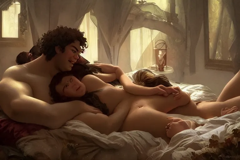 Image similar to russian poet alexander pushkin and shrek together in bed, portrait, highly detailed, digital painting, artstation, concept art, smooth, sharp focus, illustration, cinematic lighting, art by artgerm and greg rutkowski and alphonse mucha