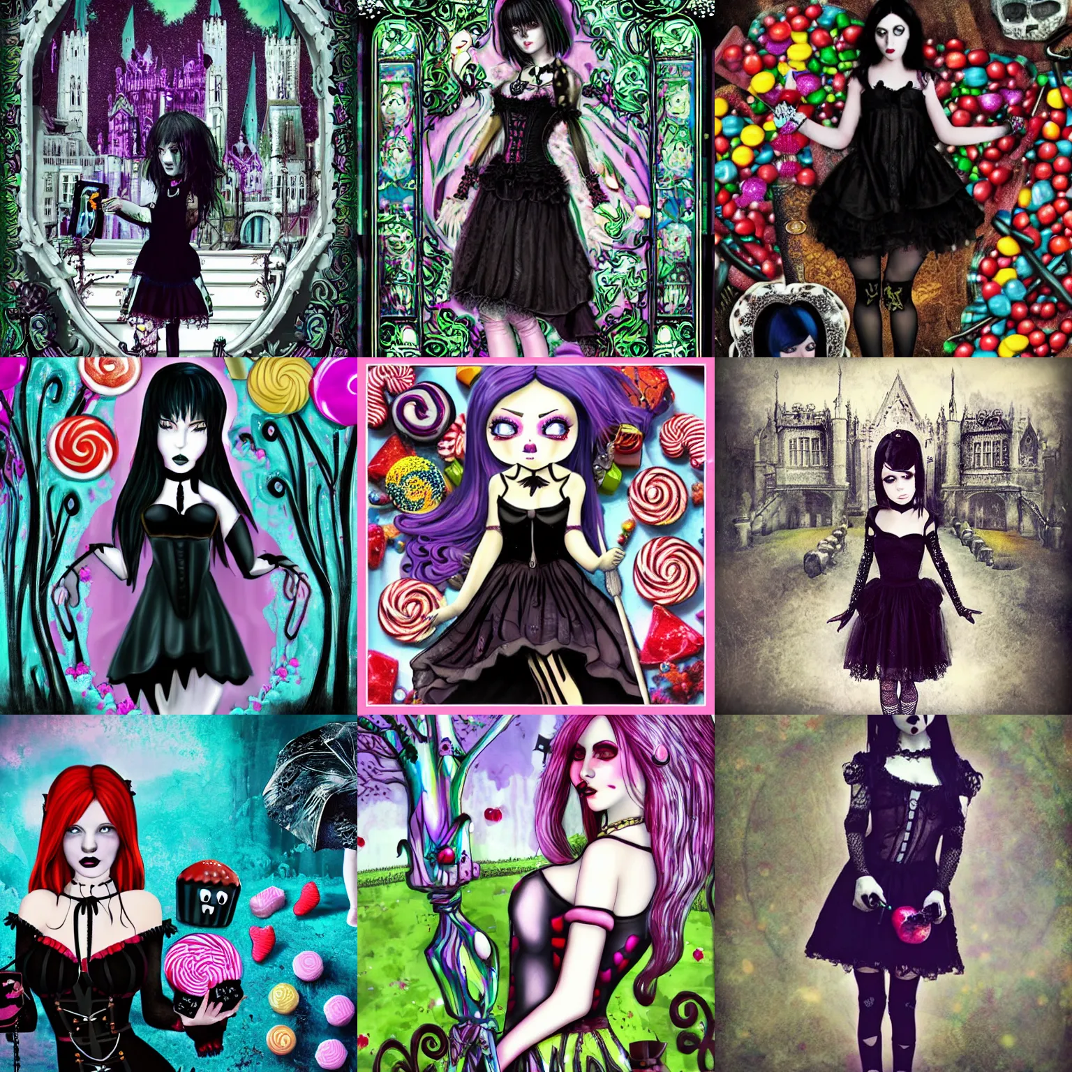 Prompt: a gothic girl in a candy world