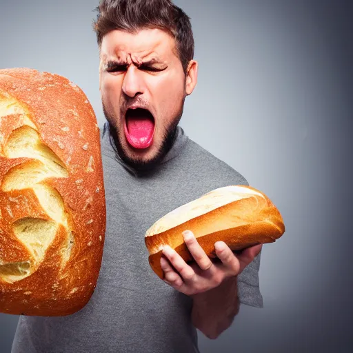 Image similar to man angrily shouting at a loaf of bread, 4 k