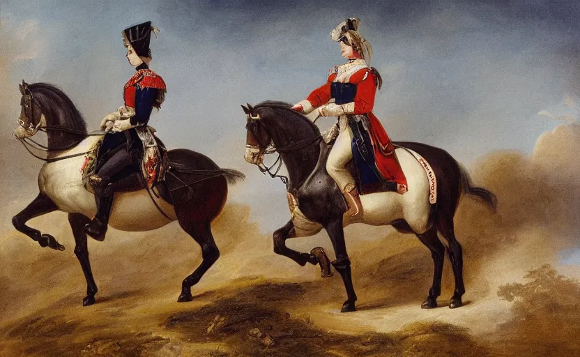 Prompt: woman in napoleonic dress standing on the back of a galloping horse on a battlefield