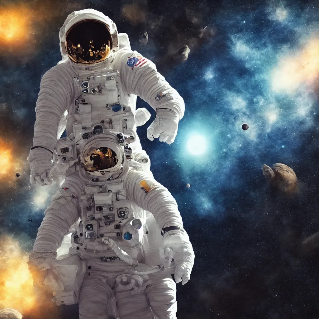 Image similar to astronaut suit, alone fly in deep dark cosmos around planets and asteroids, portrait watercolor dramatic lighting cinematic establishing shot extremely high detail foto