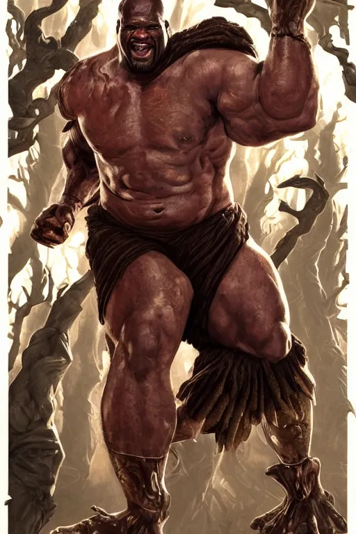 Image similar to portrait of shaquille o'neal as a hulking herculean demon, forest, godlike, full body, fantasy, intricate, elegant, highly detailed, digital painting, artstation, concept art, sharp focus, illustration, art by artgerm and greg rutkowski and alphonse mucha