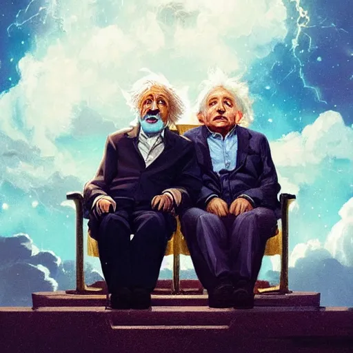 Image similar to einstein and stephen hawking sitting on a pearly couch in heaven, having deep discussions, thoughtful, angels, clouds, very bright lights, pillars, by greg rutkowski, trending on artstation