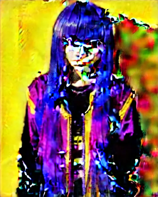 Prompt: neo tokyo japanese anime kawaii decora hologram of rimuru tempest, colourful blue hair, golden yellow eyes, wearing black stylish clothing, holography, irridescent, baroque visual kei glitch art