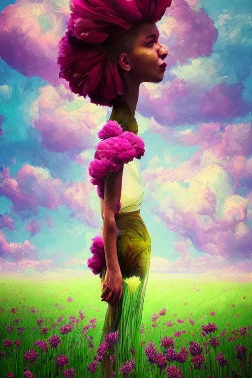 Image similar to closeup, huge flowers as head mohawk, woman in heather field, surreal photography, starlight, storm clouds, impressionist painting, digital painting, artstation, simon stalenhag