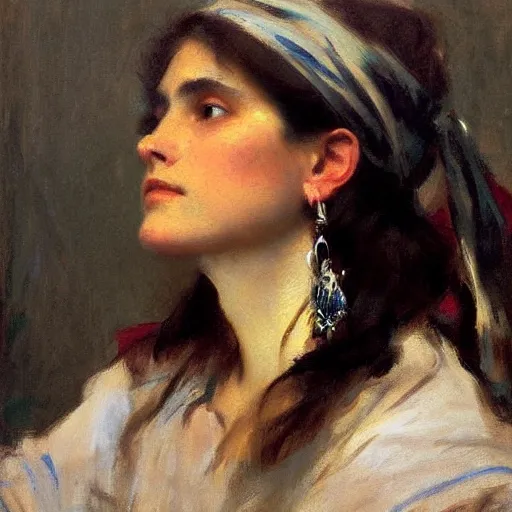 Image similar to portrait of gypsy girl, large silver round earrings, painted by john singer sargent, jeremy lipking, jeremy mann