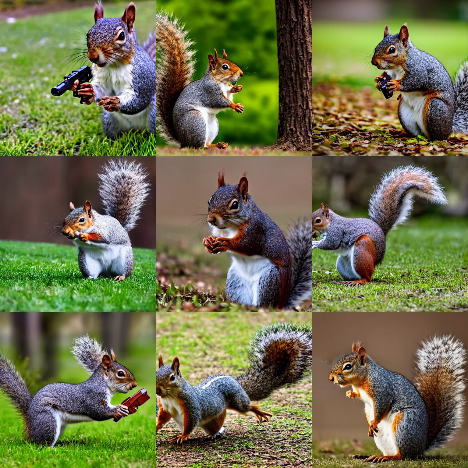 Prompt: a squirrel running through a park carrying a ( ( ( ( ( glock ) ) ) ) ), squirrel with a gun hd photo