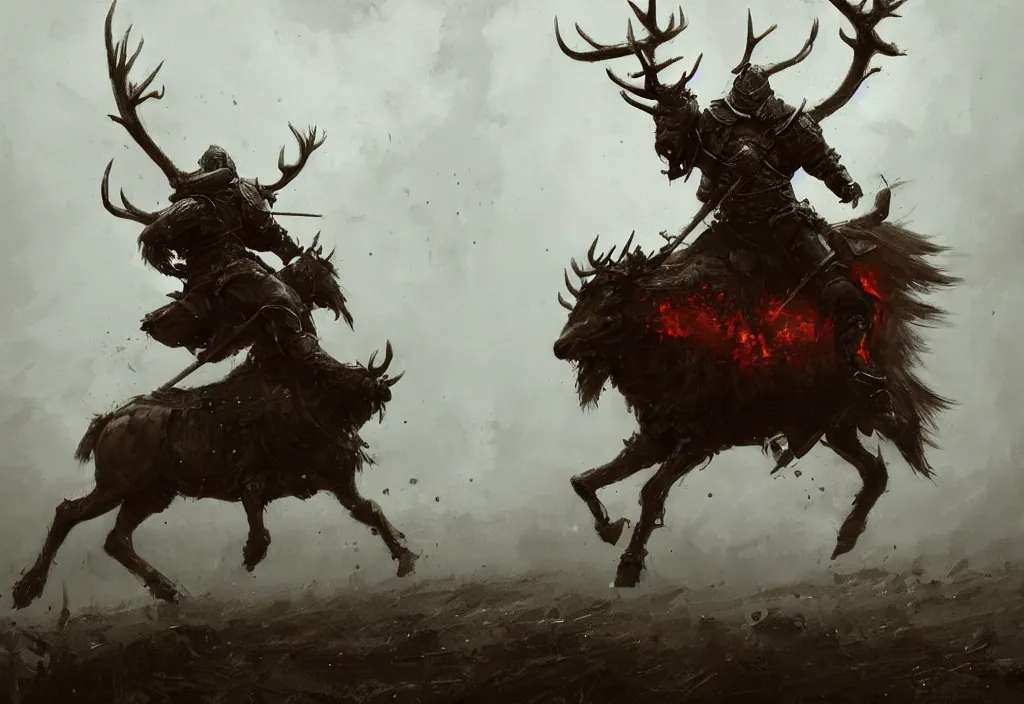 Image similar to a knight riding a burning stag, artstation, jakub rozalski, high detail, dramatic lighting