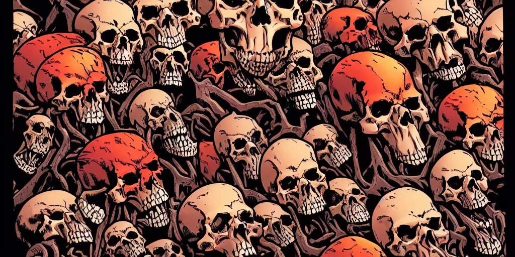 Image similar to a !!!!hellish landscape of skulls of different sizes, bones and flesh. Marvel comic style.