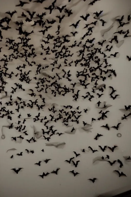 Prompt: A photo of bats flying in a hospital room, some blood on the walls and trash on the floor