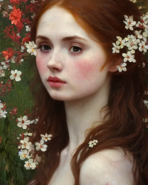 Prompt: a realistic oil painting of a girl resembling karen gillan, covered in flowers, highly detailed, intricate, artstation, by mucha, by william adolphe bouguereau, by waterhouse