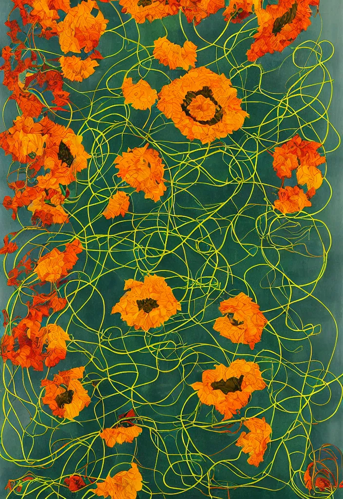 Prompt: award winning semi - abstract artwork about entangled sunflowers and falling nasturtiums with vines