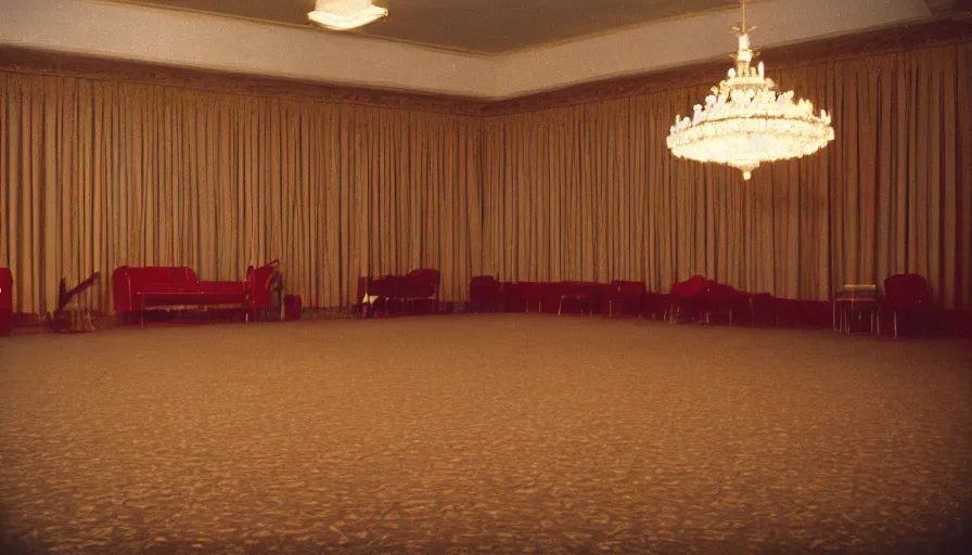 Image similar to 60s movie still of a sovietic stalinist style empty ballroom with a royal bed, cinestill 800t 50mm eastmancolor, liminal Space style, heavy grain, accidental flash-s 150