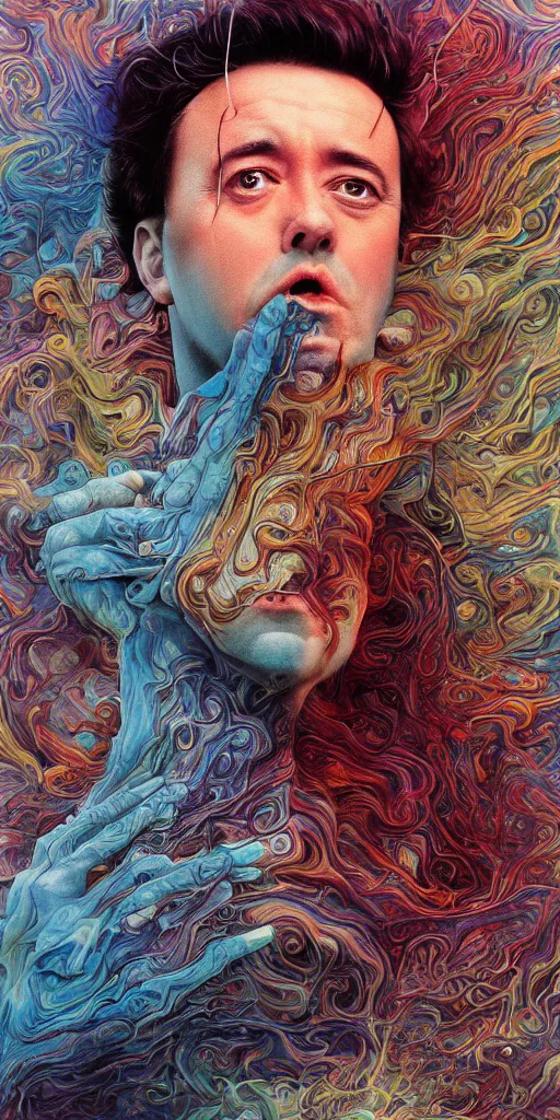 Prompt: ultrawide angle colour masterpiece surreal closeup portrait photography of chandler bing by miho hirano and annie leibovitz and michael cheval, weird surreal epic psychedelic complex biomorphic 3 d fractal landscape in background by kilian eng and roger dean and salvador dali and beksinski, 8 k