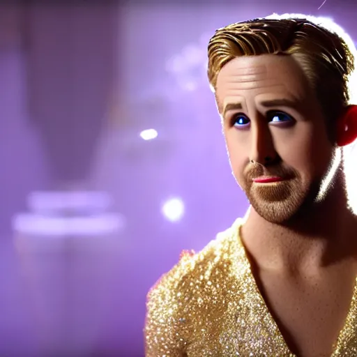 Image similar to Ryan Gosling with silver-violet hair, white eyes and golden glittery dress, wide lens, diorama, 4k,