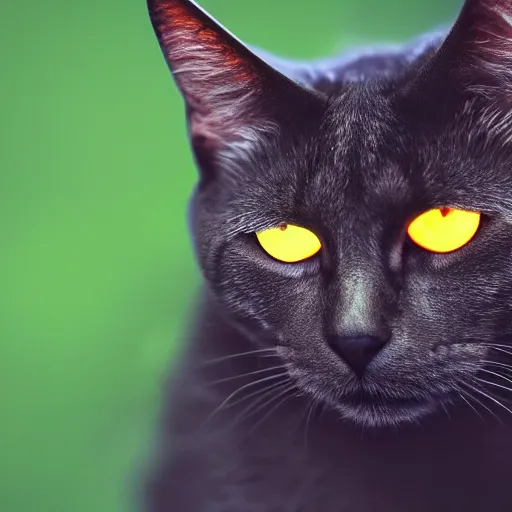 Prompt: a cat, glowing inferno eyes,black background, hyper realistic