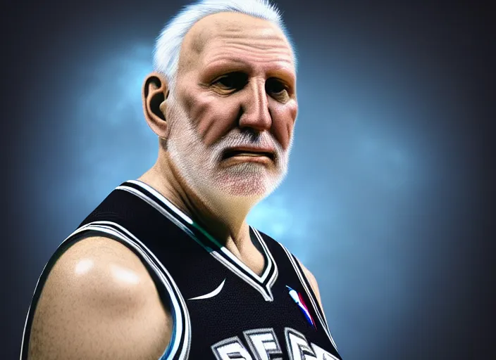 Prompt: facial portrait of greg popovich flying, fantasy, inspiring, super hero art, oil on canvas, octane render, san antonio spurs suit, trending on artstation