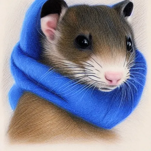 Prompt: A ferret wearing a blue scarf and a red beanie, Pencil drawing, hyper-detailed, very realistic