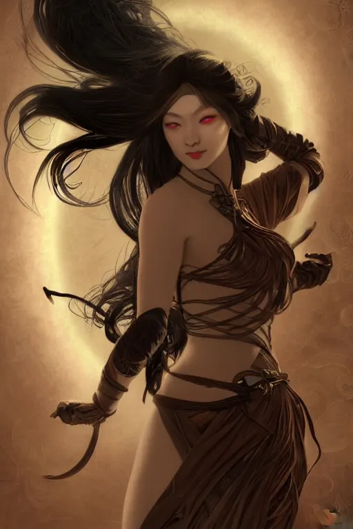 Image similar to beautiful magician and evil and gorgerous and mythical female ninja portrait+shiny eyes+light flowing hair, in mudra night ruin tokyo temple, ultradetail face, art and illustration by tian zi and craig mullins and WLOP and alphonse mucha, rim lght, fantasy, intricate complexity, human structure, fantasy world concept, watermark, blurry, hyperrealism 8k