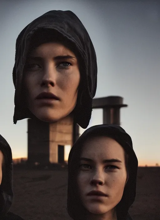 Image similar to cinestill 5 0 d photographic portrait of two loving female androids wearing rugged black techwear on a desolate plain with a red sky in front of a brutalist dark metal building, extreme closeup, cyberpunk style, dust storm, 8 k, hd, high resolution, 3 5 mm, f / 3 2, ultra realistic faces, ex machina