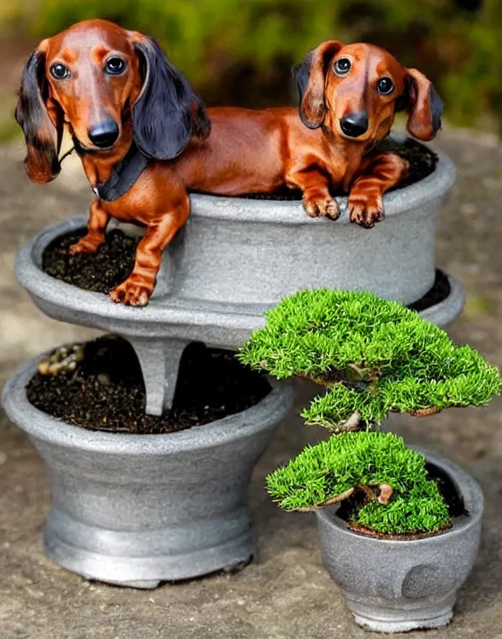 Prompt: Bonsai dachshund growing from a bonsai pot