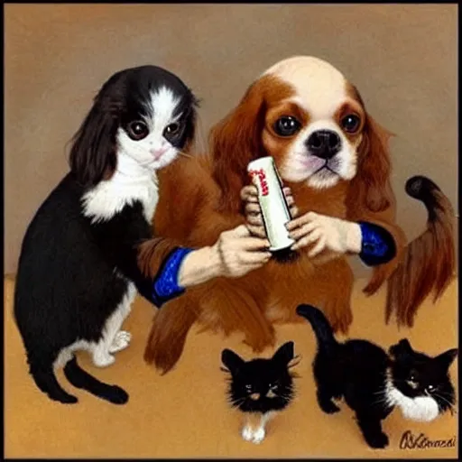 Image similar to Cavalier King Charles Spaniel, two ragdoll kittens and one black cat drinking beer in the style of norman rockwell