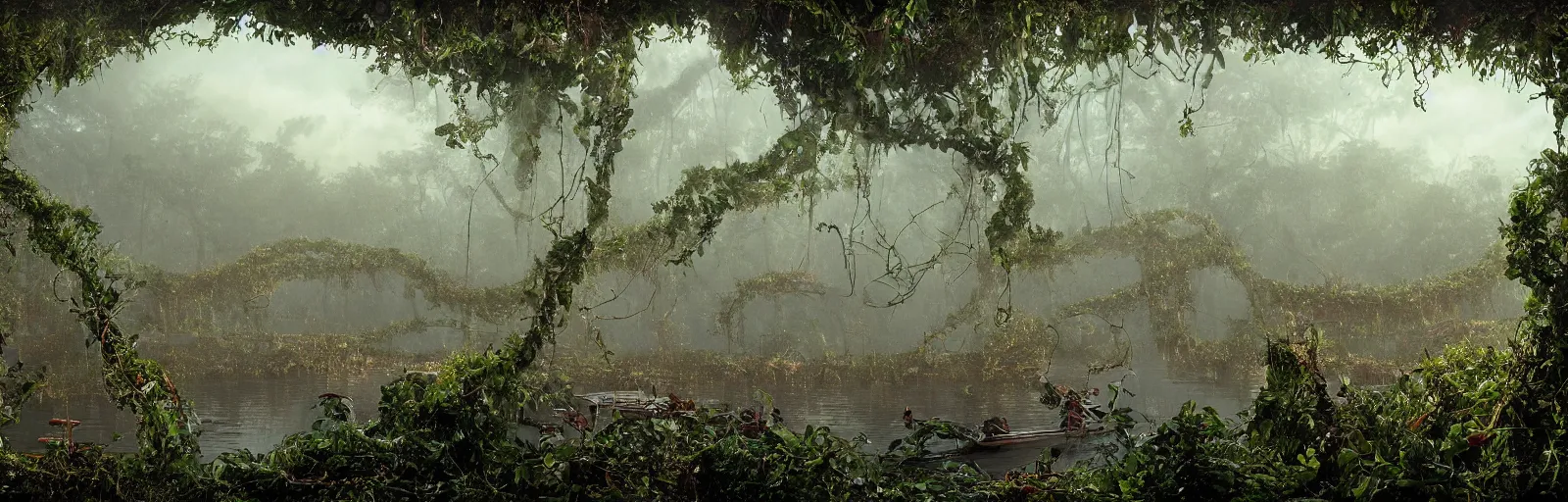 Prompt: A wooden, beautiful 1880's steamboat overgrown with intricate vines, flowers, snakes, anacondas and exotic vegetation floating down on the Amazon river. Faint lights from inside the ship. Steam. Birds circulating. The boat looks like an island. Ecosystem. Photo by Roger Deakins. Photorealistic. Sunset. Volumetric lights. Mist. hyper-maximalistic, with high detail, cinematic, 8k resolution, beautiful detail, insanely complex details.