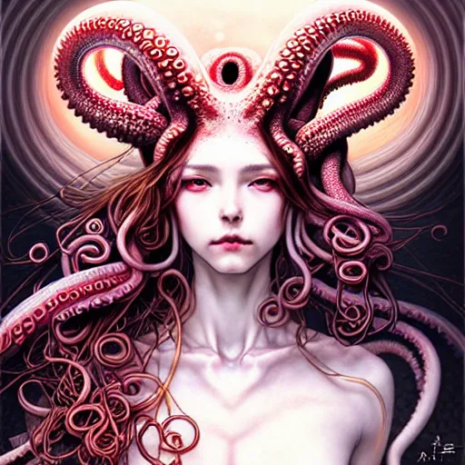 Prompt: a girl with tentacles on her head, an ultrafine detailed painting by ayami kojima, cgsociety, fantasy, anime digital art, lovecraftian, cosmic horror, detailed painting