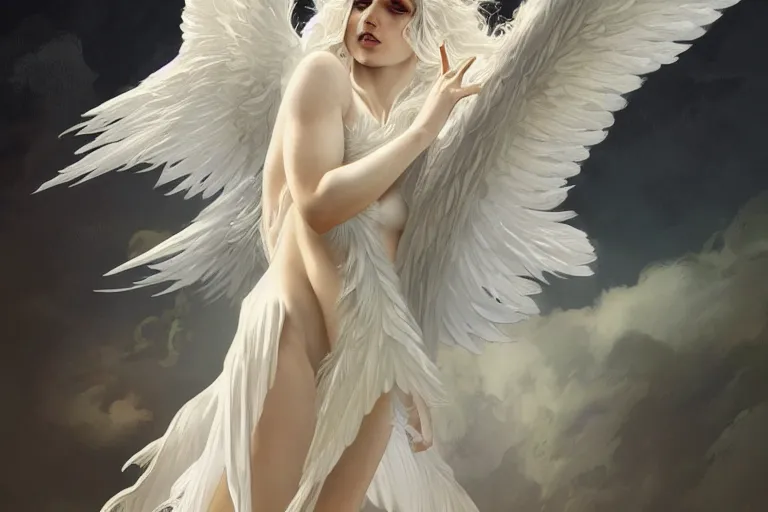 Prompt: a white angel with feathered wings open, D&D, fantasy, intricate, elegant, highly detailed, digital painting, artstation, concept art, matte, sharp focus, illustration, art by Artgerm and Greg Rutkowski and Alphonse Mucha, 4k