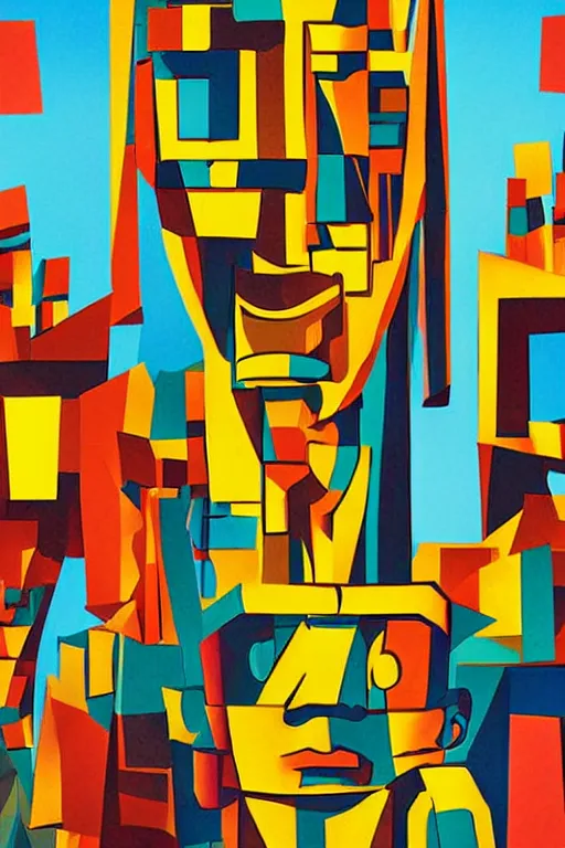 Image similar to cubist moai statue cutout digital illustration cartoon colorful beeple