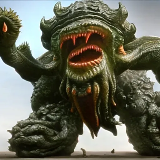 Image similar to chuck norris Fight with the giants cthulhu, cgi