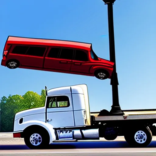 Image similar to truck dangling from atop a street light pole