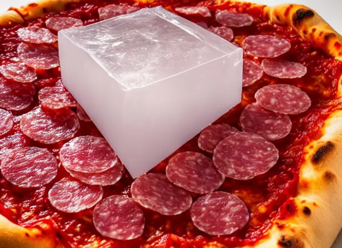 Image similar to clear highly detailed photorealistic food photograph of a big ice cube inside the cube a pizza with salami and pepperoni, the cube refracts the sunlight, volumetric