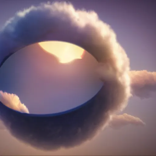 Image similar to an ultra photorealistic and sharp film still of a round ball made of white clouds in the sky. wide shot, wes anderson, studio ghibli, pixar and disney animation, octane render, dramatic lighting, award winning photography