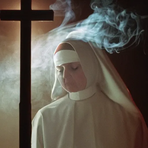 Image similar to a nun exhaling a huge smoke cloud from a cross shaped bong, film still, cinematic lighting