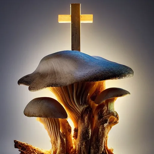 Image similar to a beautiful macro photography on a rotten stump is a small family of conical oyster mushrooms, which are suspiciously reaching for an unusual symbol on the wall depicting a dissected cross, hyper detailed, warm volumetric lights, made by gerald brom and mike winkelmann, photorealism