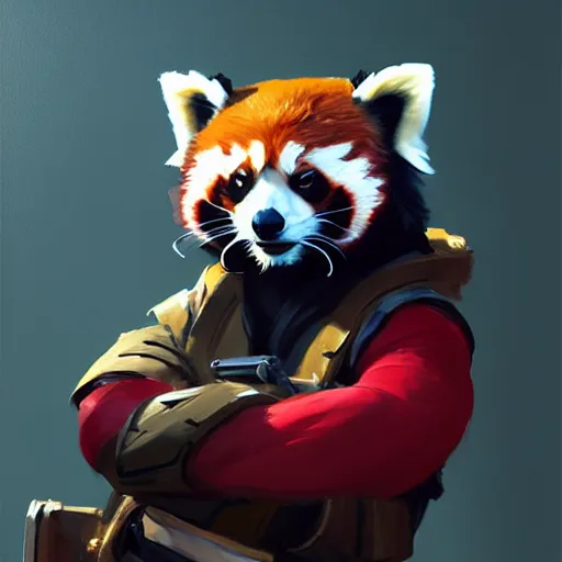Prompt: greg manchess portrait painting of red panda as overwatch character, medium shot, asymmetrical, profile picture, organic painting, rainy day, matte painting, bold shapes, hard edges, street art, trending on artstation, by huang guangjian and gil elvgren and sachin teng