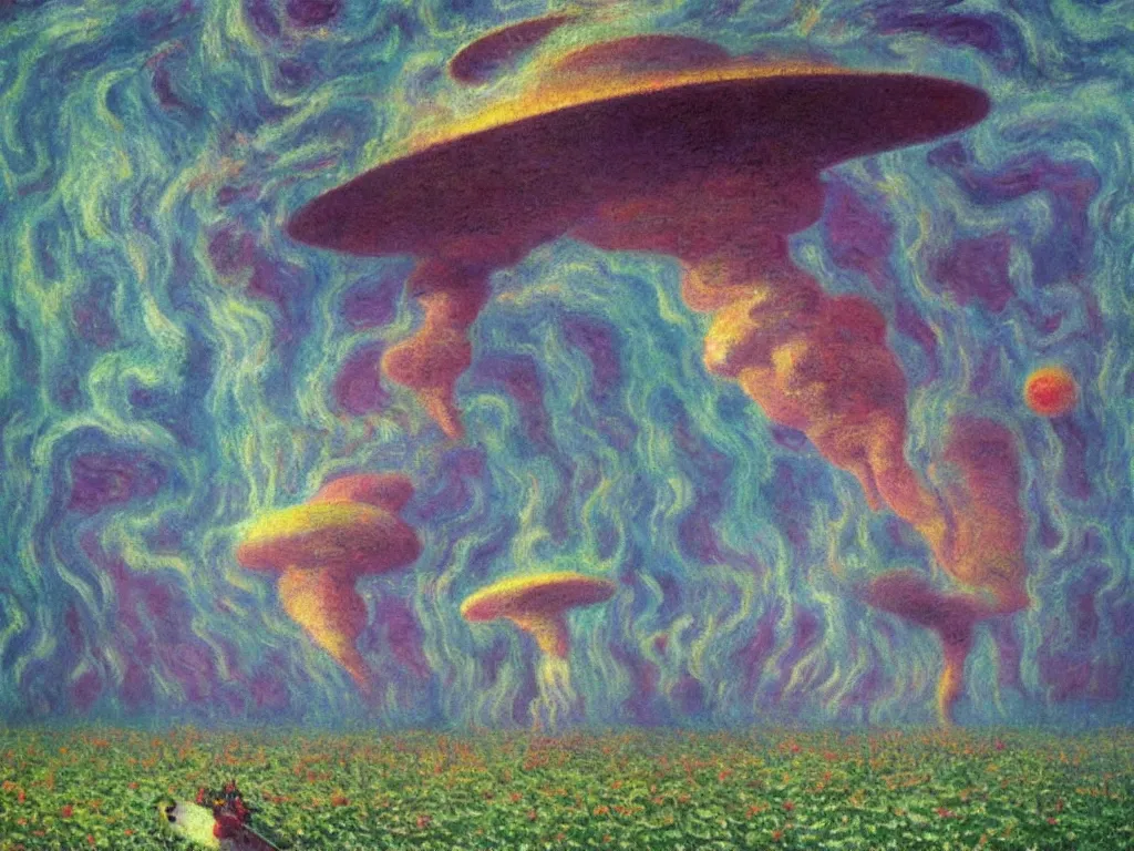 Image similar to study of the psychedelics dream bot mothership thunderstorm. painting by monet, wayne barlowe, agnes pelton, rene magritte, moebius