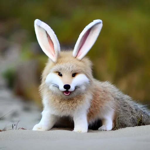 Image similar to a photorealistic adorable chubby charming but vicious fennic fox wolf rabbit hybrid, long fuzzy fur, with long floppy rabbit ears, wearing bows on the top of its head, grinning at the camera with a mischievous look, sharp teeth, happy lighting, at a tropical beach