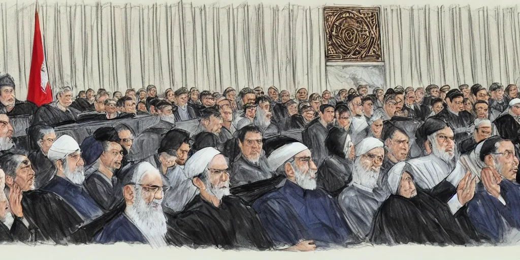 Prompt: khamenei in court, courtroom drawing