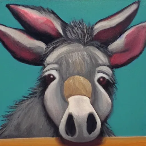 Prompt: donkey wearing a hoodie using a laptop in a dark room, oil on canvas