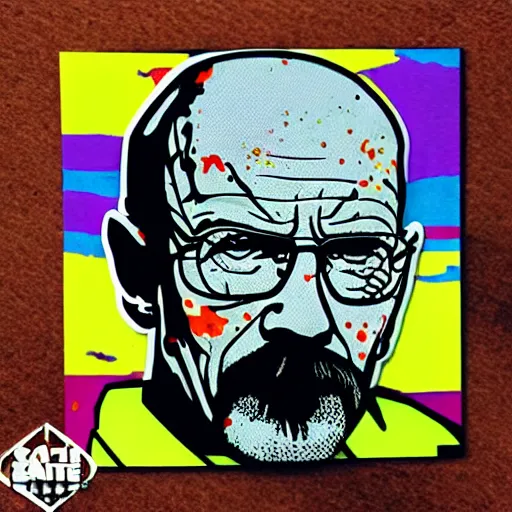 Image similar to die cut sticker, walter white wearing the joker suit, splatter paint