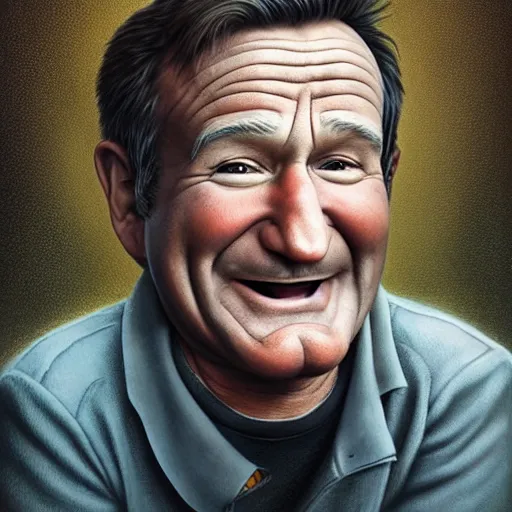 Image similar to Portrait of Robin Williams Funny cartoonish by Gediminas Pranckevicius H 640 and Tomasz Alen Kopera, masterpiece, trending on artstation